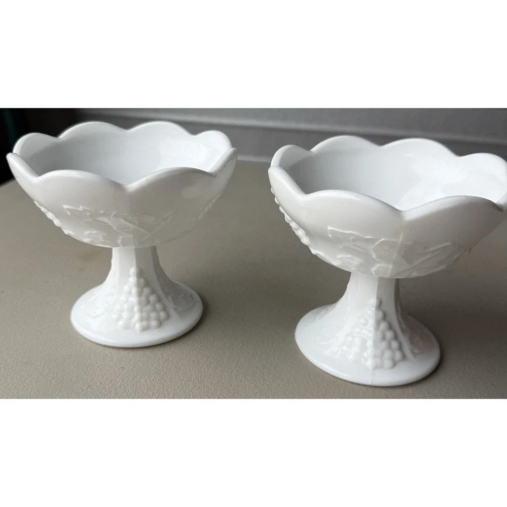 2 Indiana Colony Harvest White‎ Milk Glass Grape Design Candlestick Holder